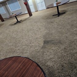 A large carpet stain is visible in a room with patterned carpet and round wooden tables spaced apart.